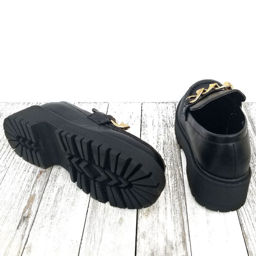 New Wide Black Gold Chain Slip On Platform Penny Loafers - Picture 3 of 3